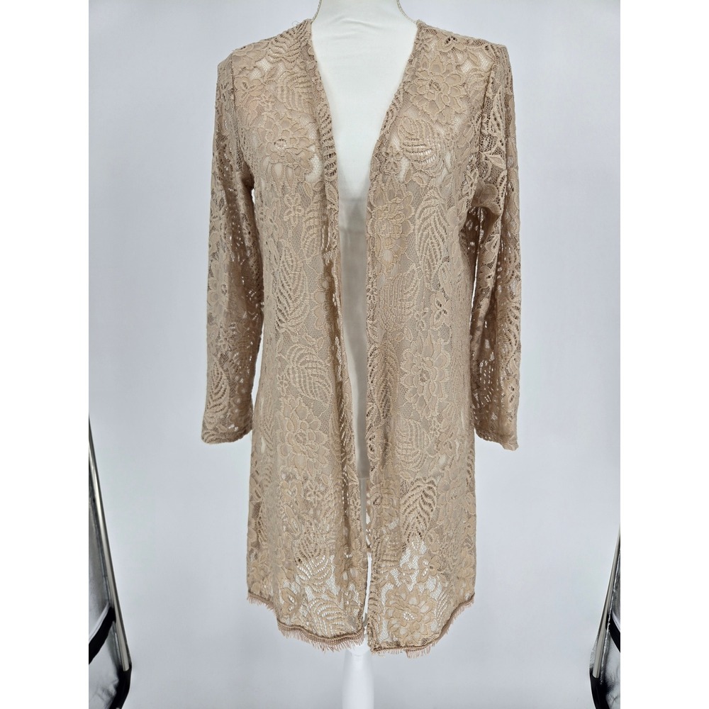 Questions Womens Beige Floral Lace Longline Open Front Cardigan Fringe Trim L